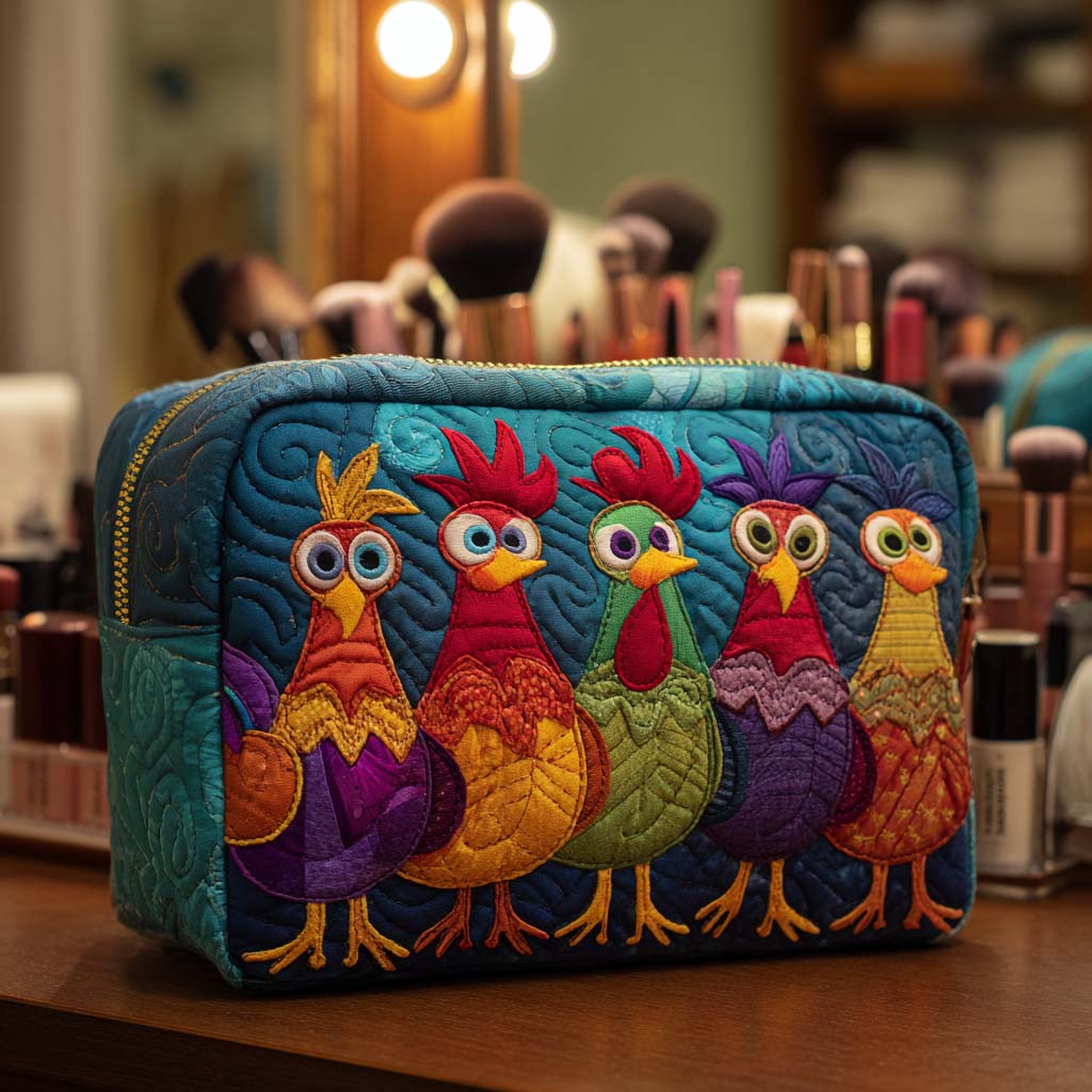Chicken and Hearts Pattern Quilted Toiletry Bag