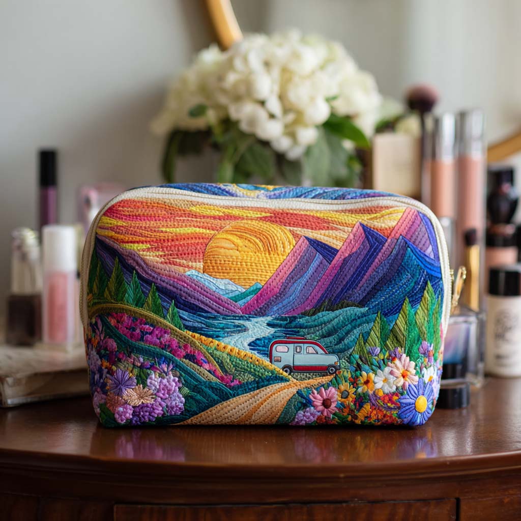 Retro Travel Pattern Quilted Toiletry Bag
