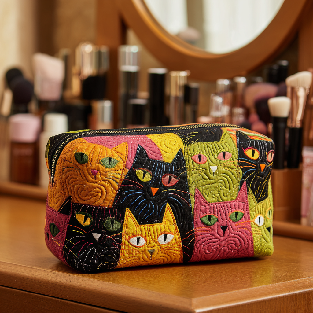 Cat Pattern in Garden Quilted Toiletry Bag