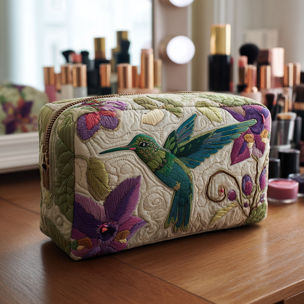 Embroidered Hummingbird Garden Quilted Toiletry Bag