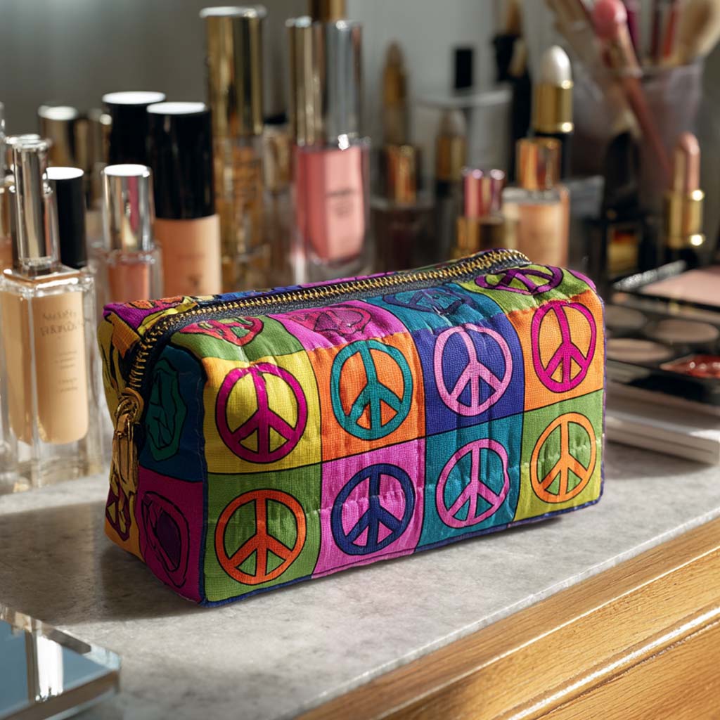 Retro Peace Symbol Quilted Toiletry Bag