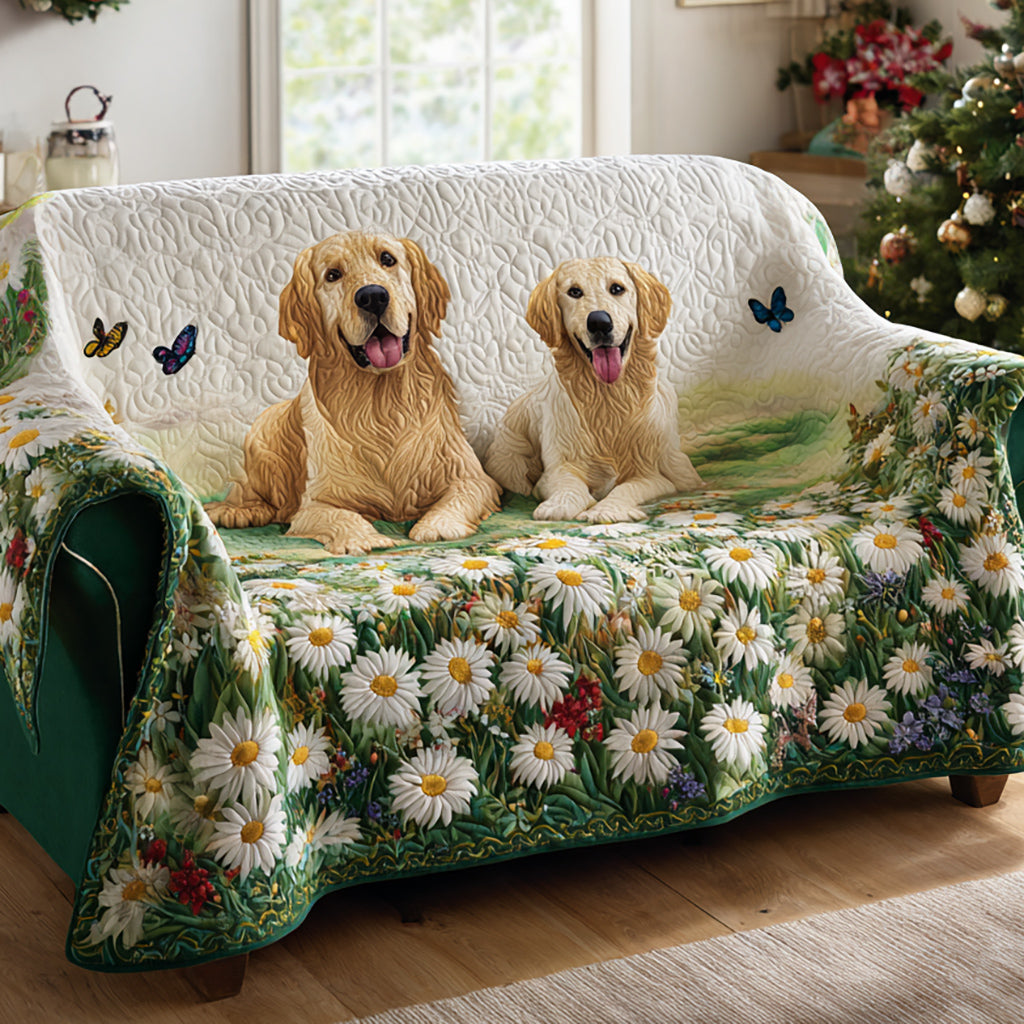 Golden Retriever and Daisies Quilted Sofa Cover