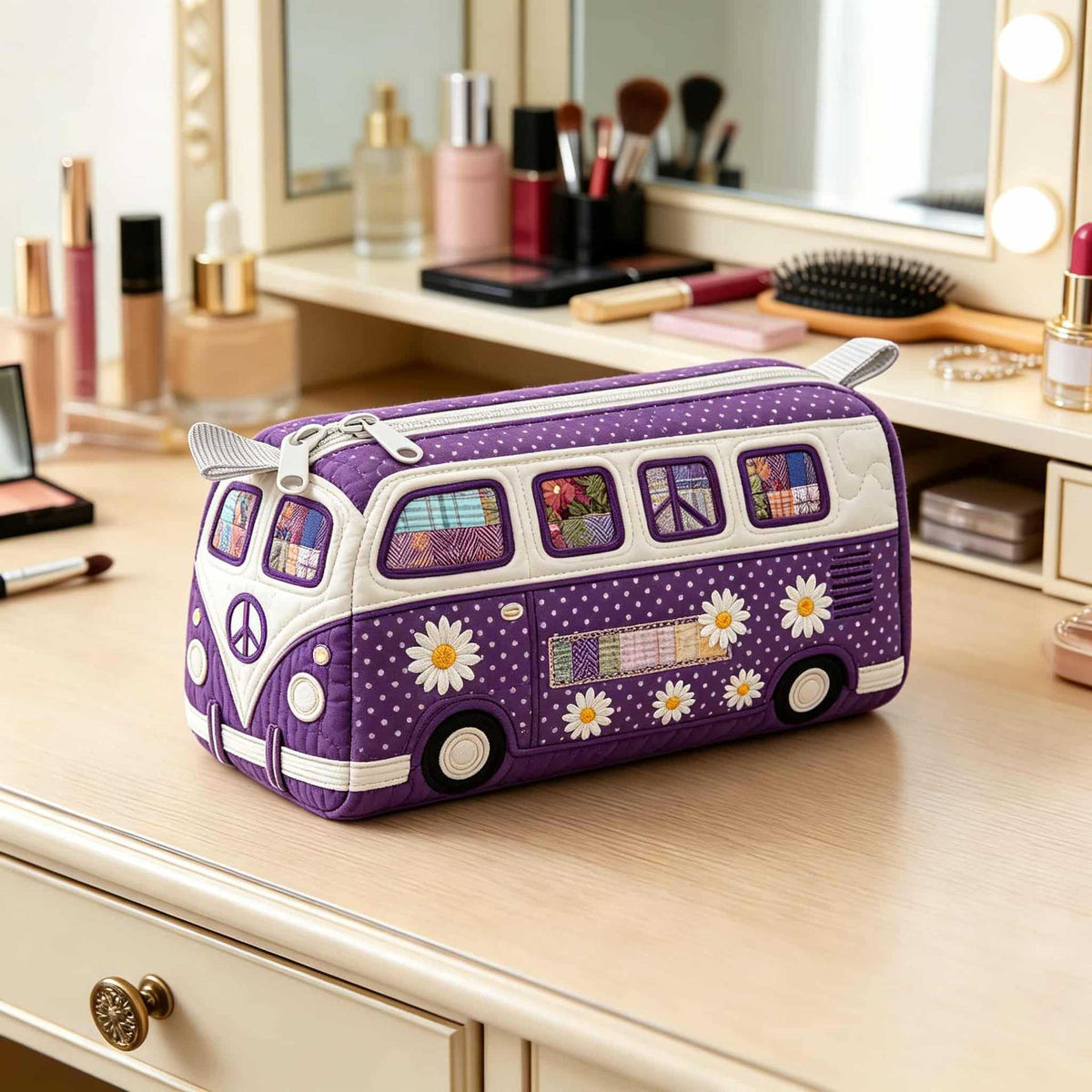 Lavender Retro Camper Van Quilted Makeup Bag