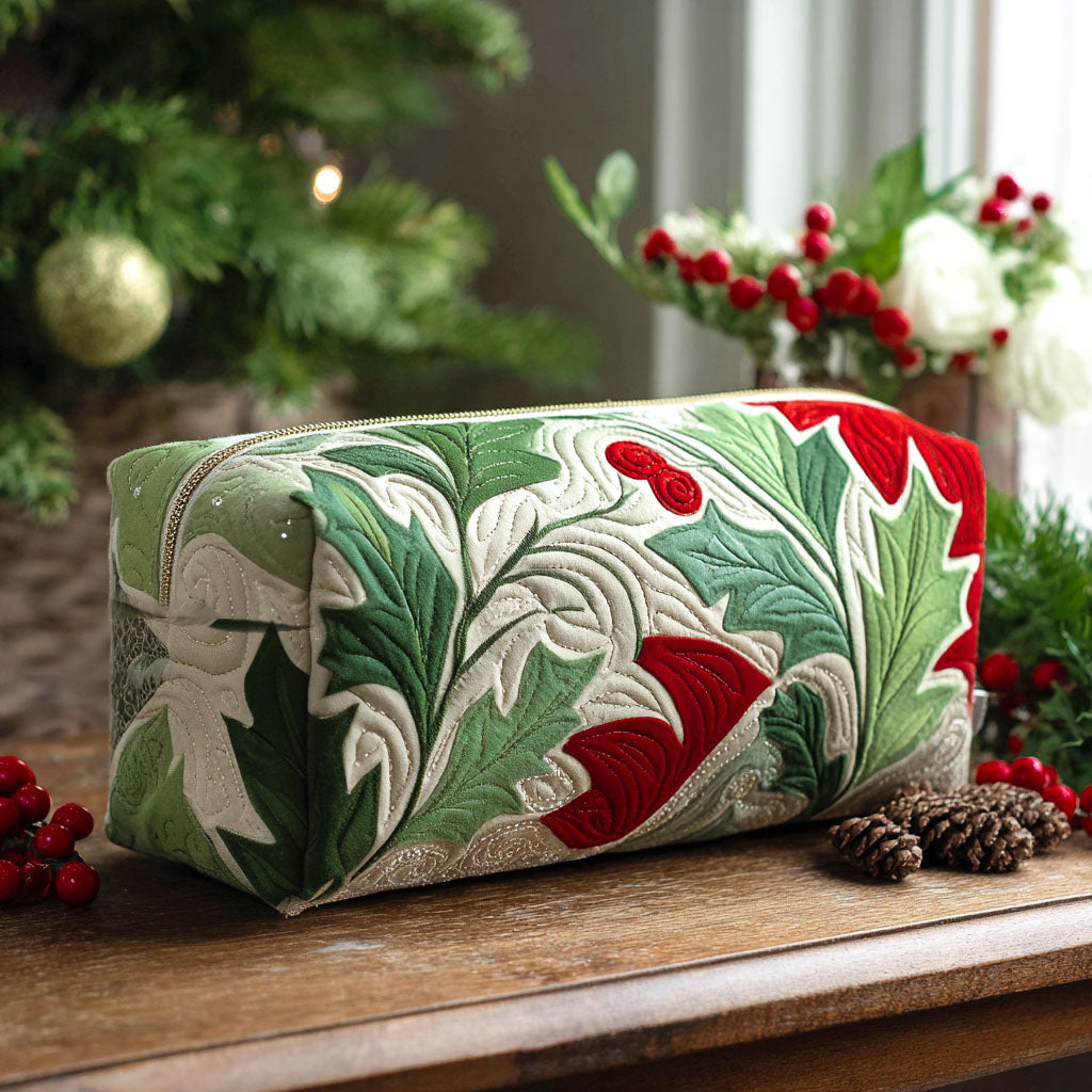 Embroidered Holly Motif Quilted Toiletry Bag