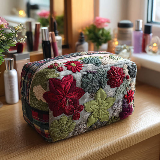 Embroidered Flowers Quilted Toiletry Bag