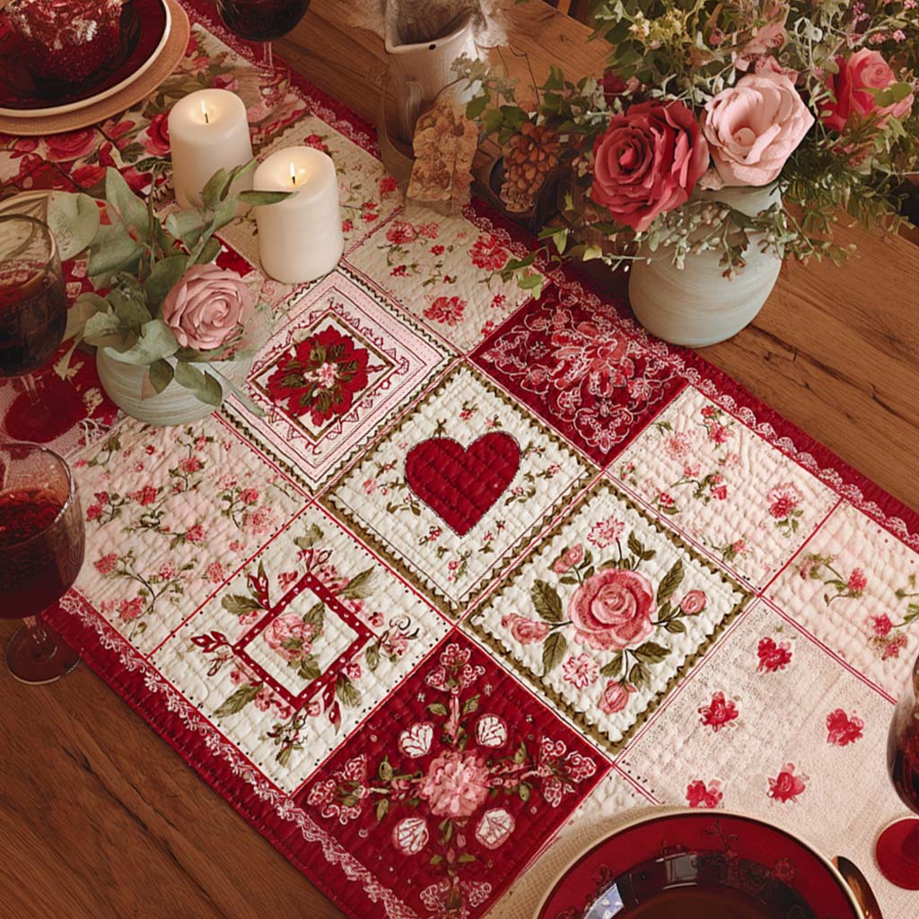 Hearts and Roses Quilted Table Runner