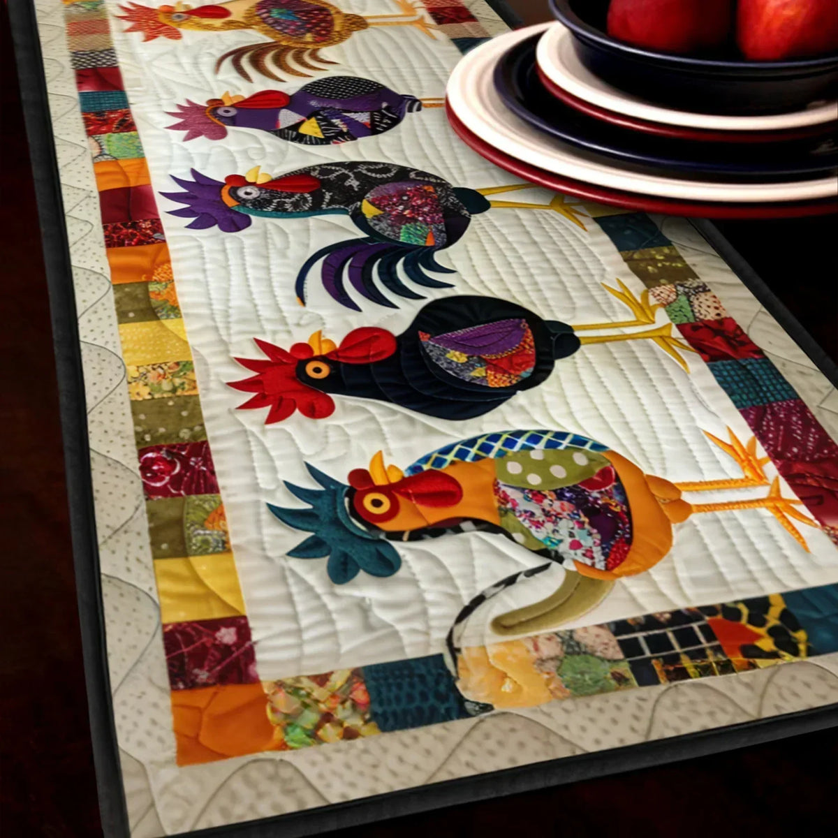 Parade of Roosters Quilted Table Runner - 2