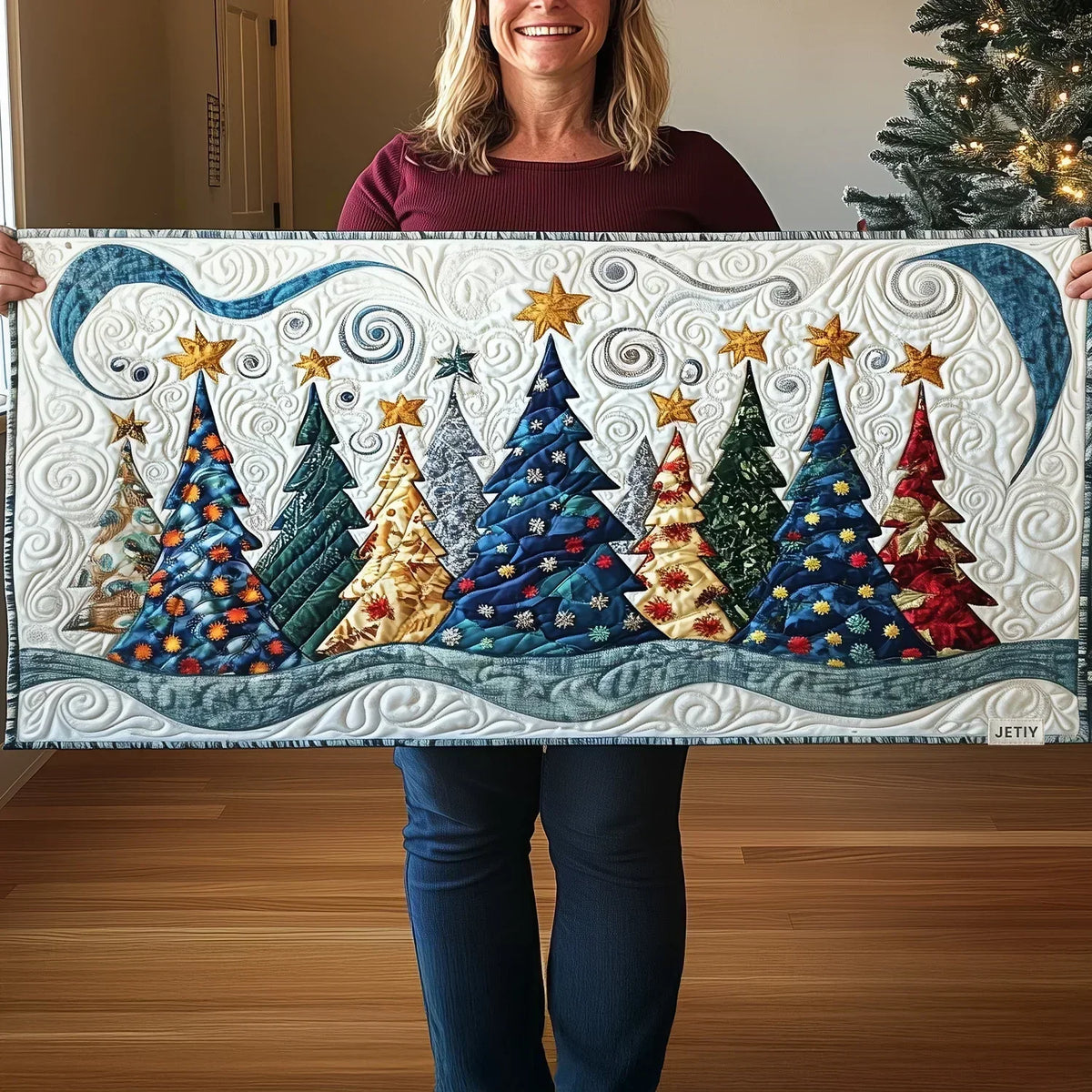 Snow-Covered Pine Landscape Quilted Table Runner