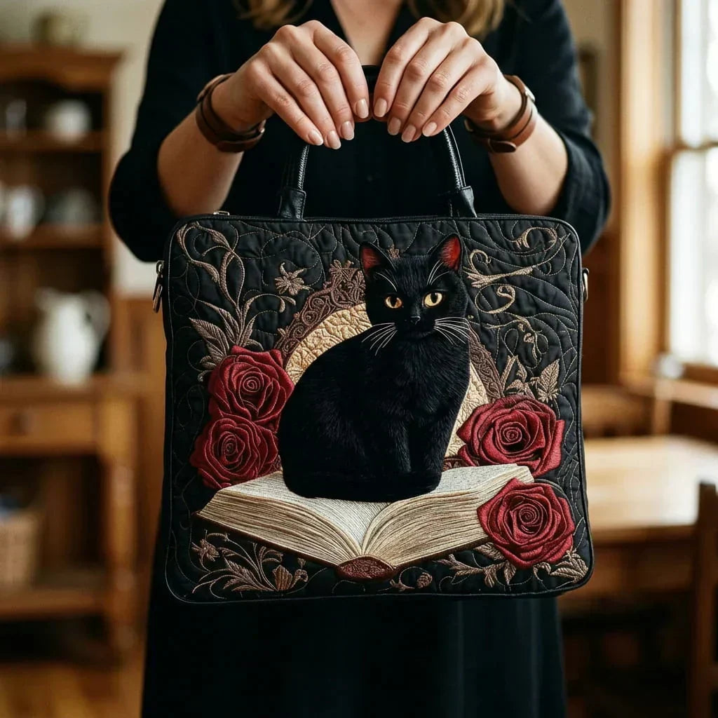 Black Cat and Red Roses Quilted Tote Bag