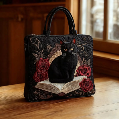 Black Cat and Red Roses Quilted Tote Bag