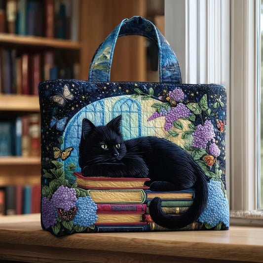 Black Cat on Books Quilted Tote Bag