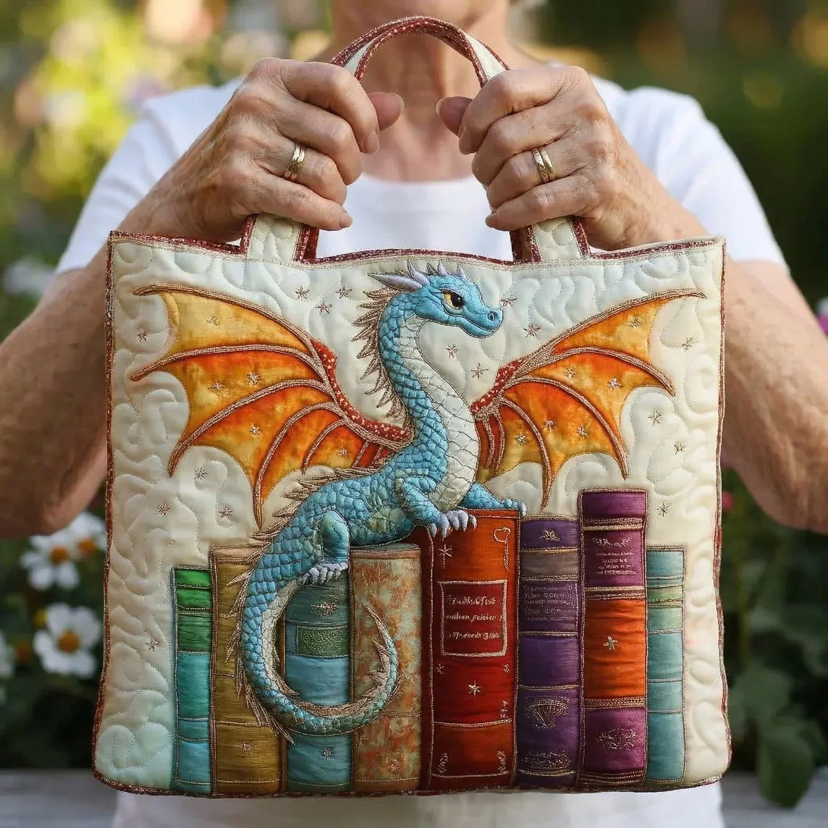 Book Dragon Quilted Tote Bag