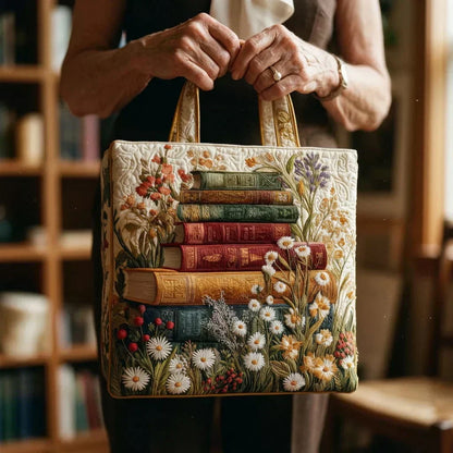 Books and Daisies Quilted Tote Bag