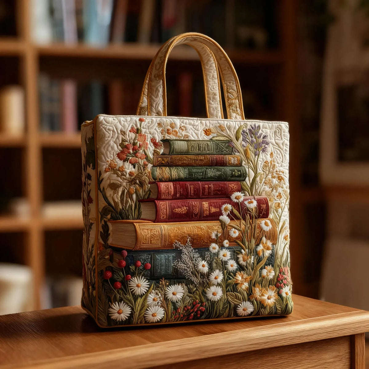 Books and Daisies Quilted Tote Bag