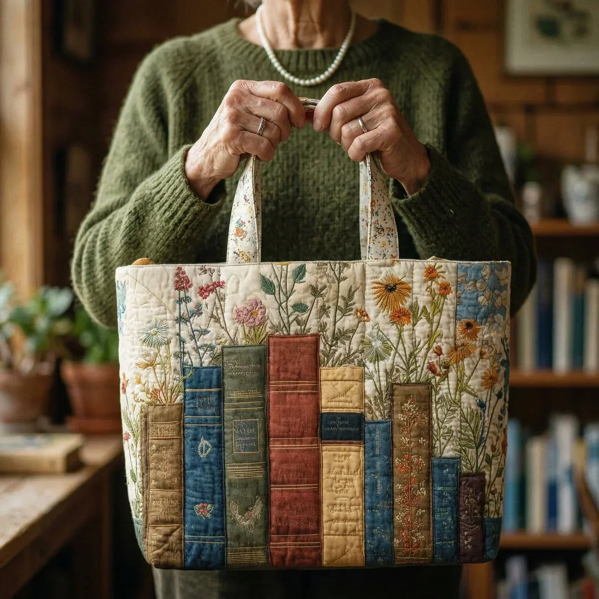 Books and Wildflowers Quilted Tote Bag