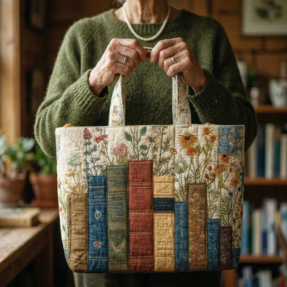 Books and Wildflowers Quilted Tote Bag