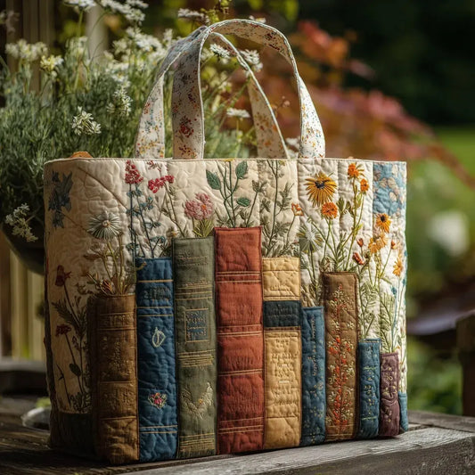Books and Wildflowers Quilted Tote Bag