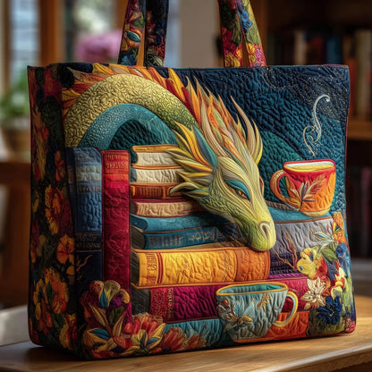 Dragon Reader with Books Quilted Tote Bag