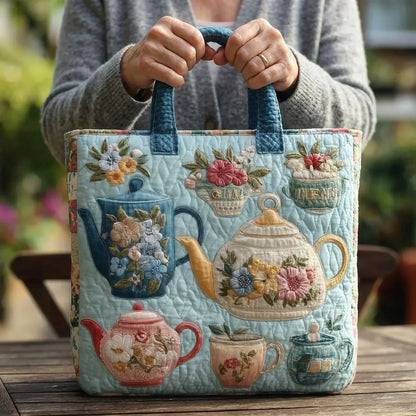 Floral Tea Set Quilted Tote Bag
