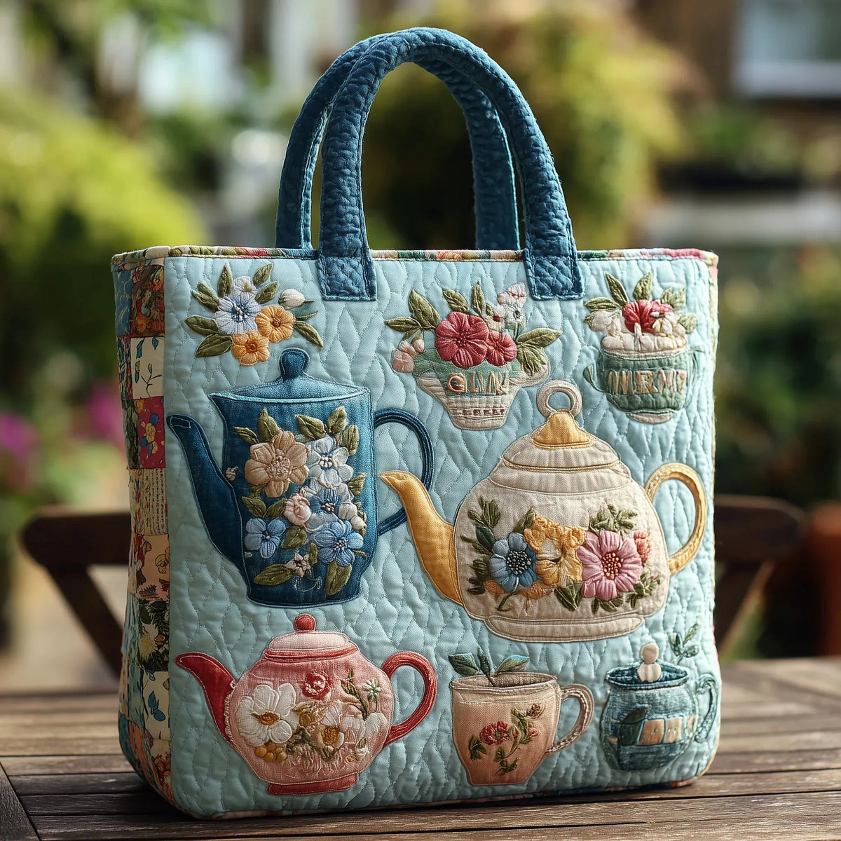 Floral Tea Set Quilted Tote Bag