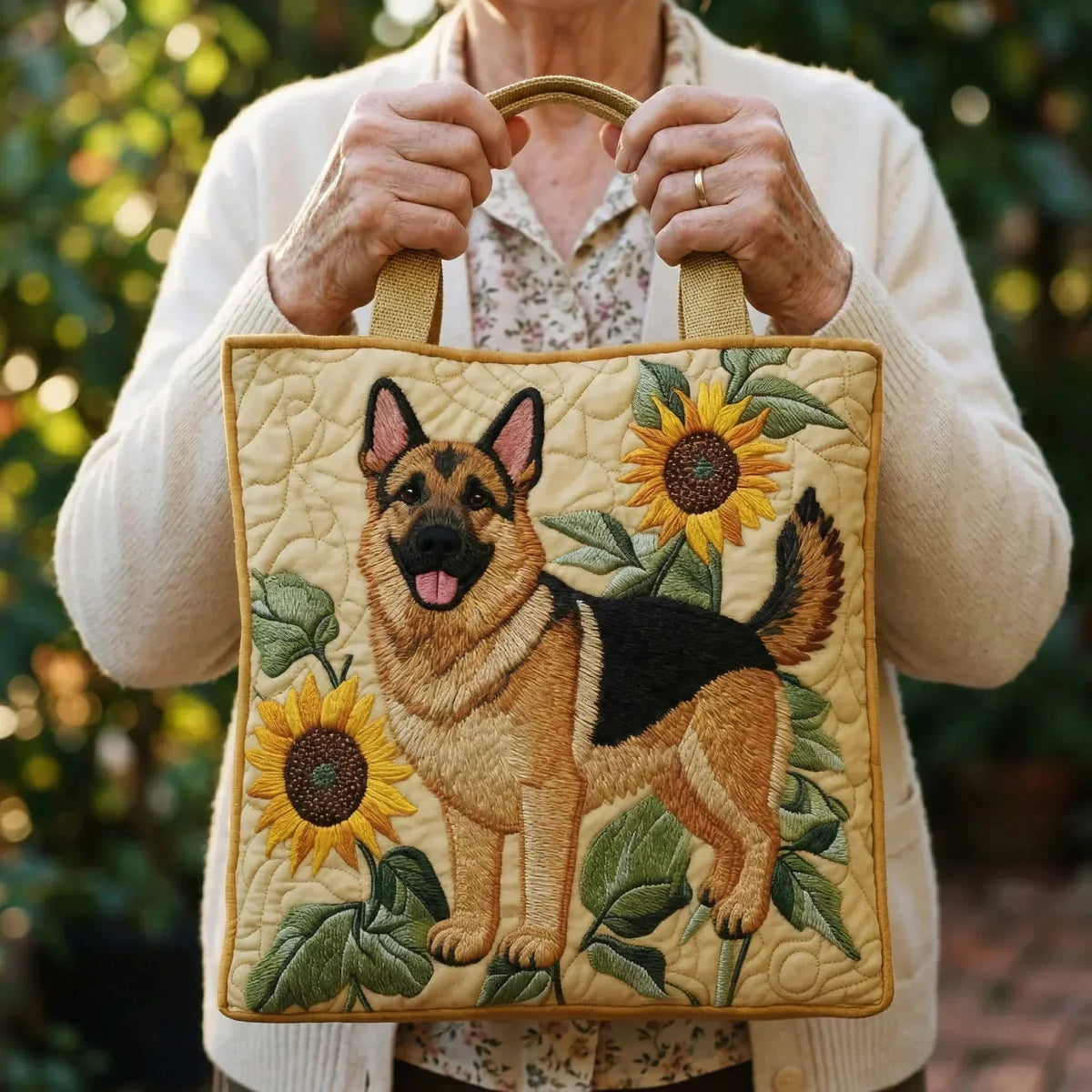 German Shepherd with Sunflowers Quilted Tote Bag