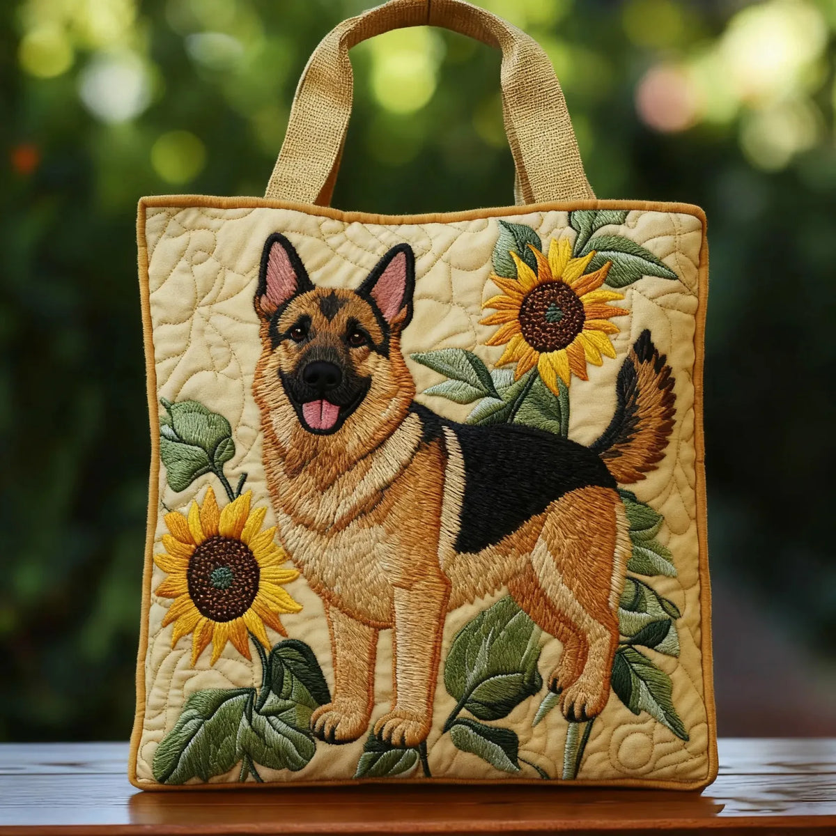 German Shepherd with Sunflowers Quilted Tote Bag