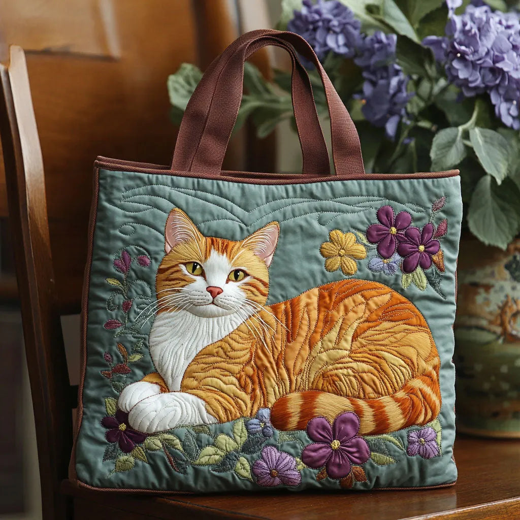 Ginger Cat with Flowers Quilted Tote Bag