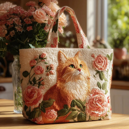 Ginger Cat with Roses Quilted Tote Bag