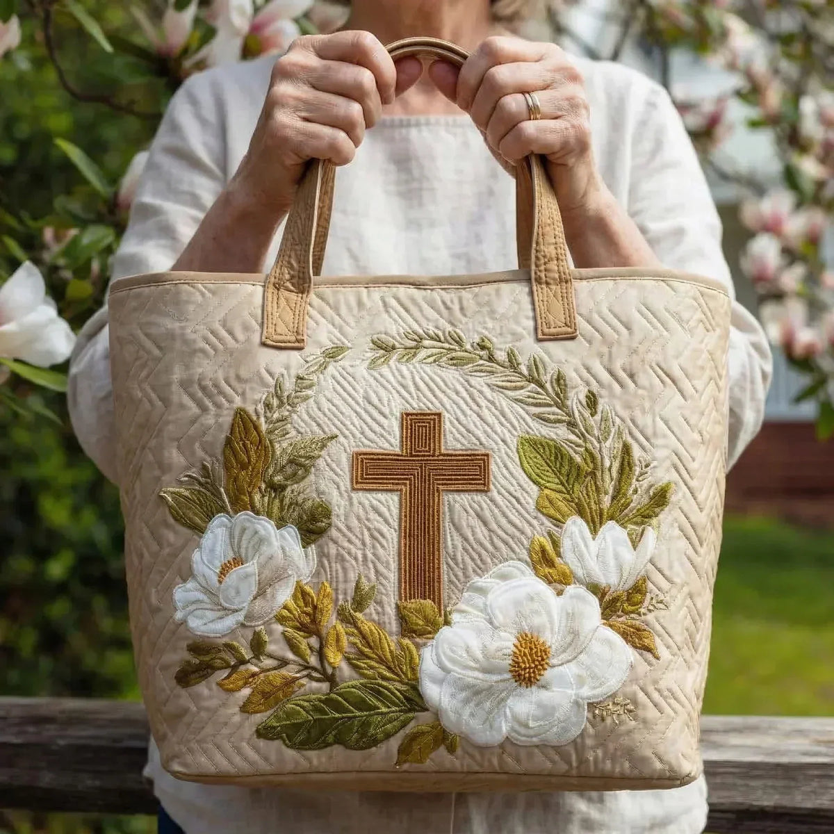 Holy Cross Quilted Tote Bag