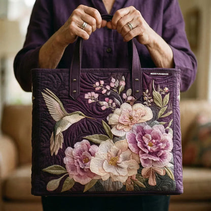 Hummingbird and Pink Blooms Quilted Tote Bag