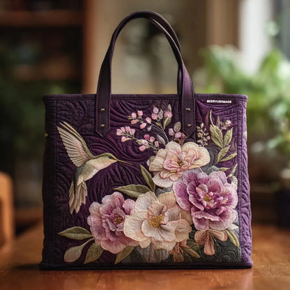 Hummingbird and Pink Blooms Quilted Tote Bag