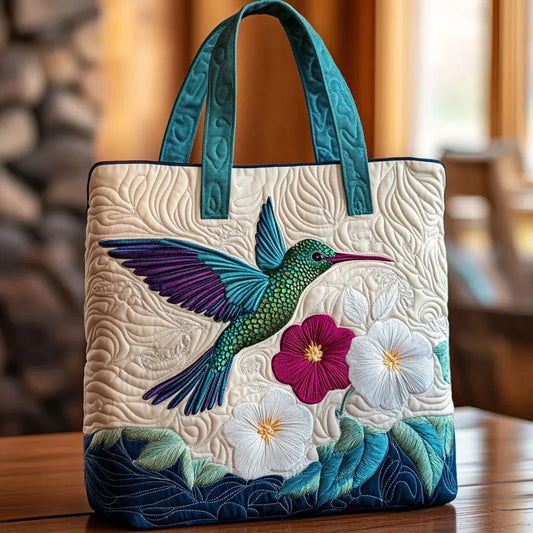 Hummingbird and White Flowers Quilted Tote Bag
