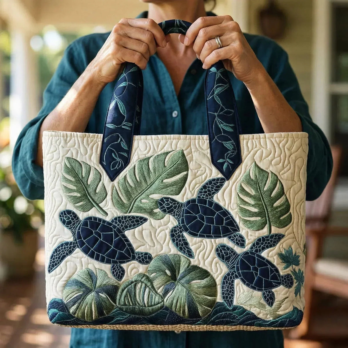 Sea Turtles and Palms Quilted Tote Bag