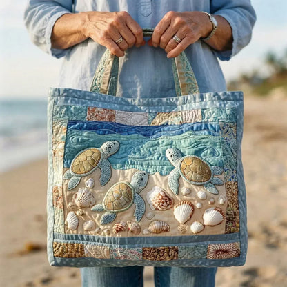 Sea Turtles on the Shore Quilted Tote Bag