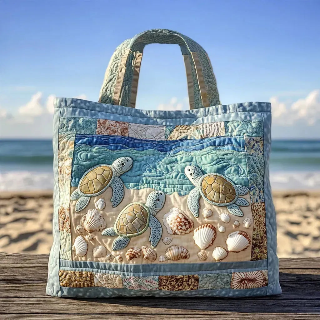 Sea Turtles on the Shore Quilted Tote Bag