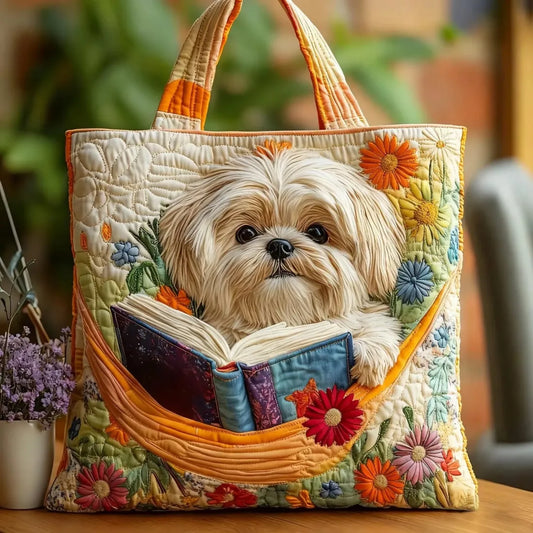 Shih Tzu with Books and Flowers Quilted Tote Bag