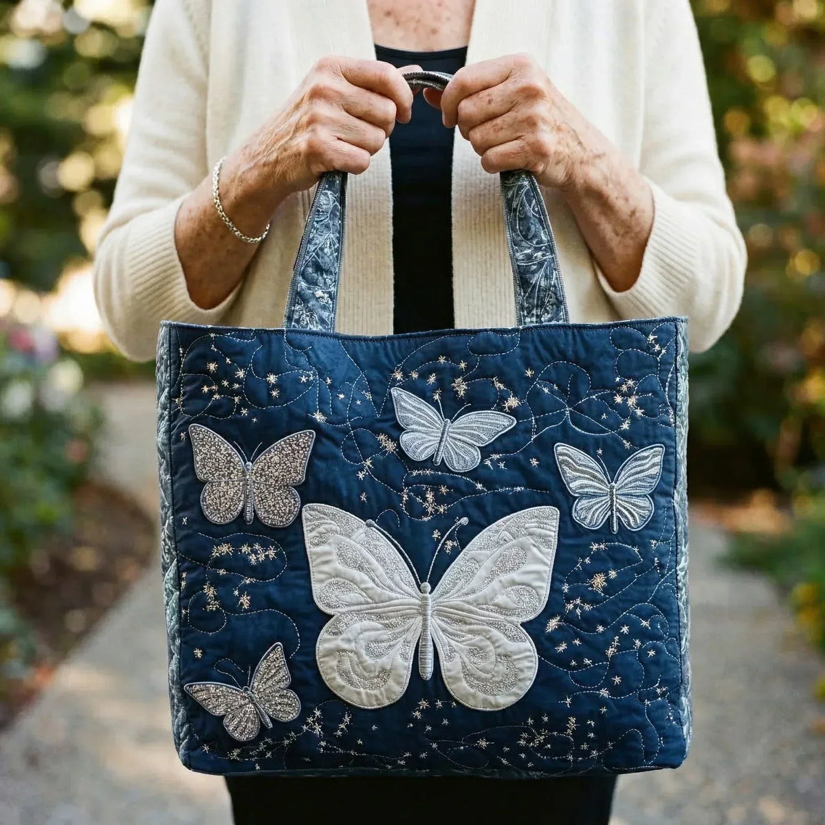 Silver Butterflies Quilted Tote Bag