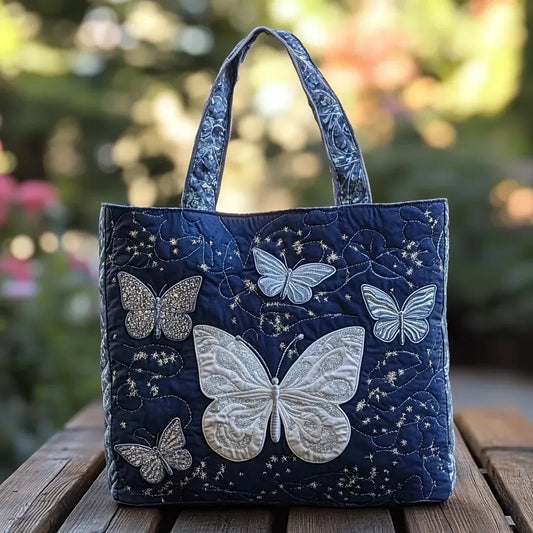 Silver Butterflies Quilted Tote Bag