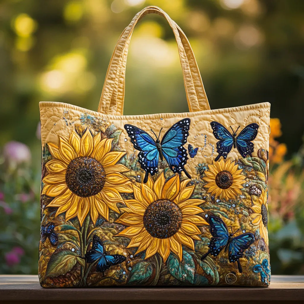 Sunflowers and Blue Butterflies Quilted Tote Bag