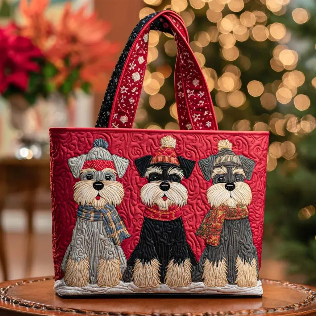 Three Schnauzers in Winter Quilted Tote Bag