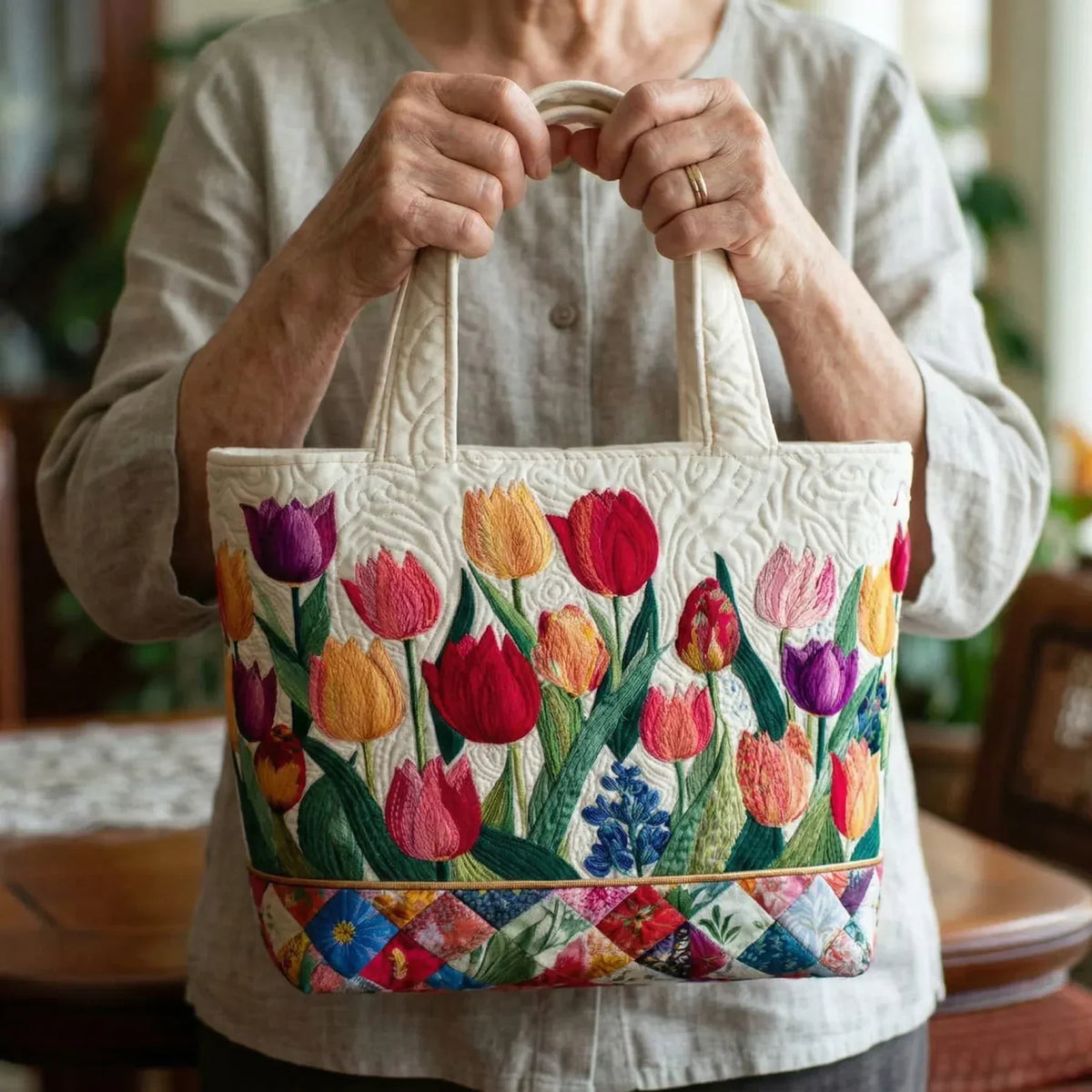 Tulip Garden Quilted Tote Bag