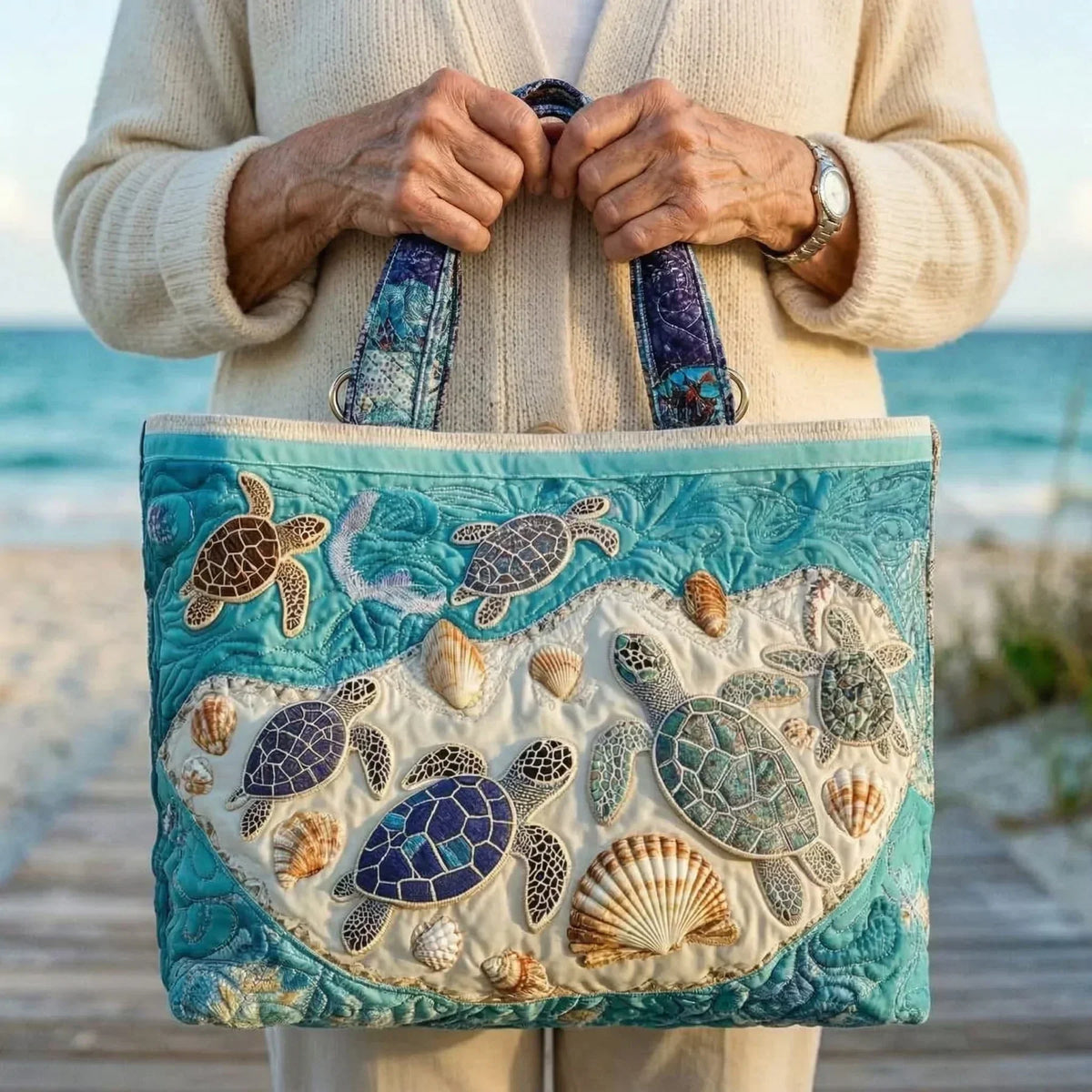 Turtles and Seashells Quilted Tote Bag