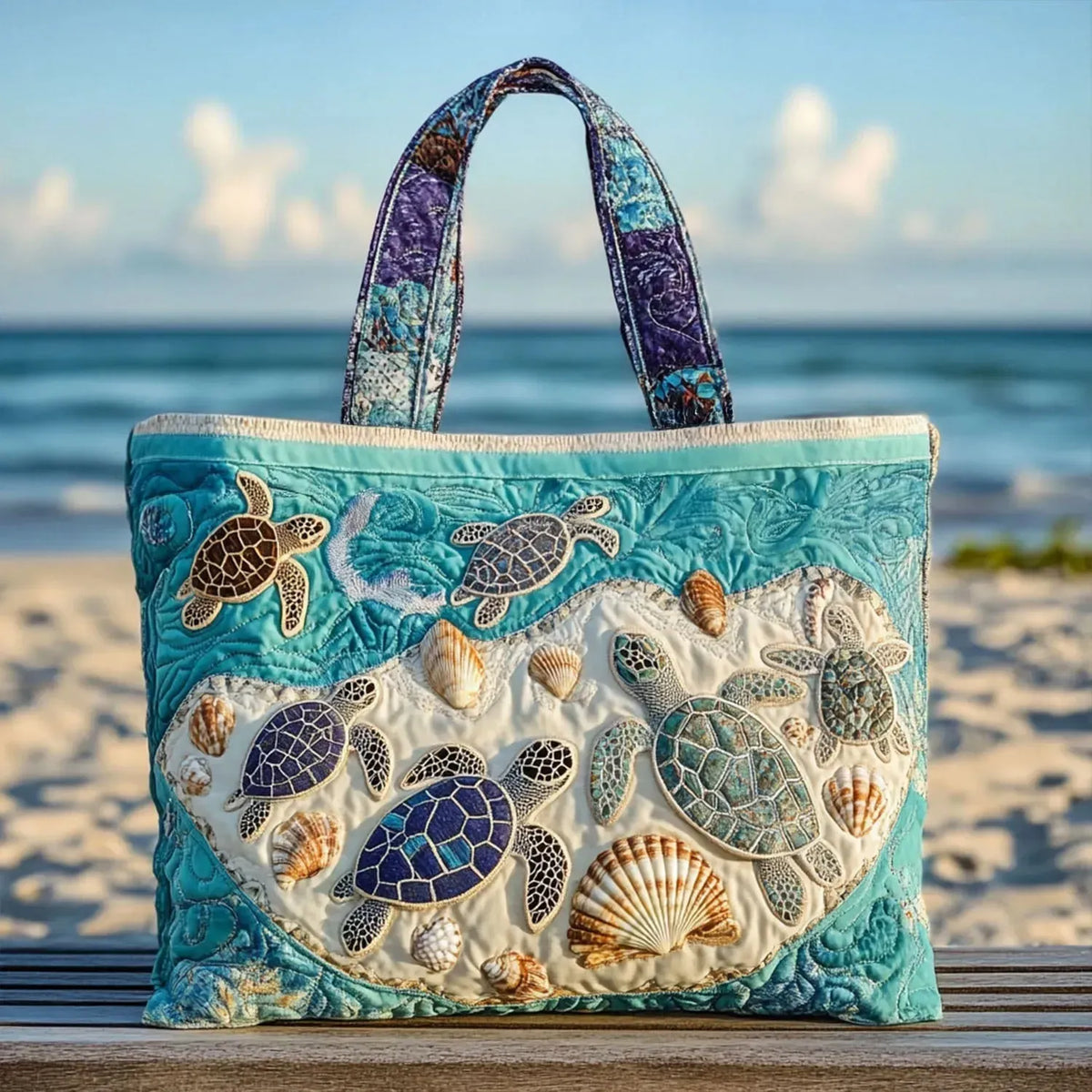 Turtles and Seashells Quilted Tote Bag