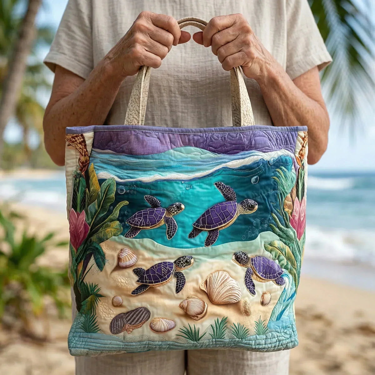 Turtles in the Lagoon Quilted Tote Bag