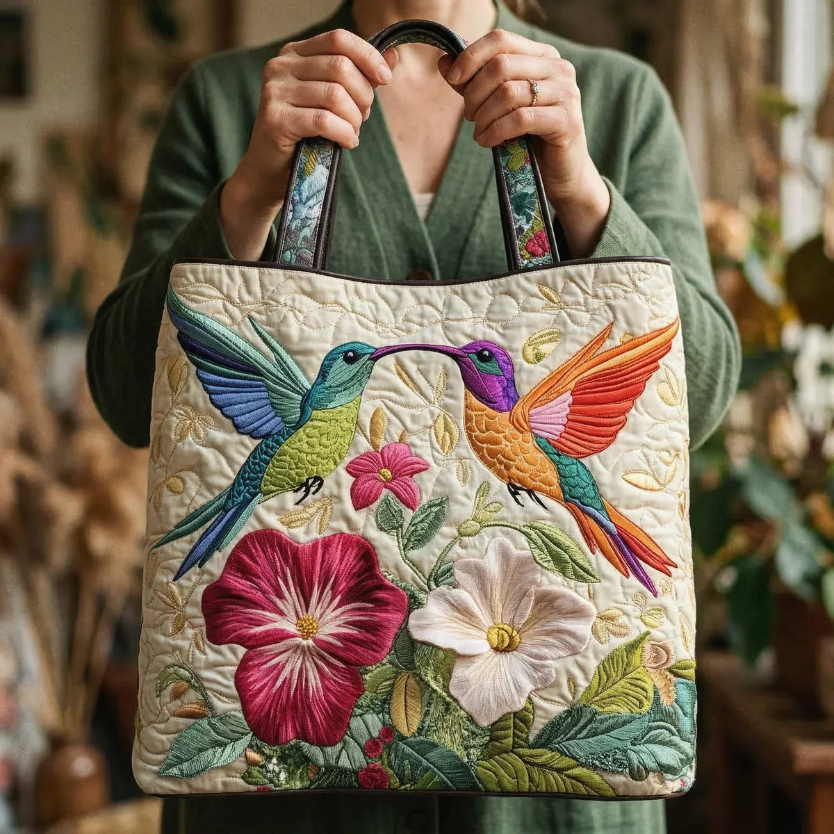 Two Hummingbirds in Flight Quilted Tote Bag