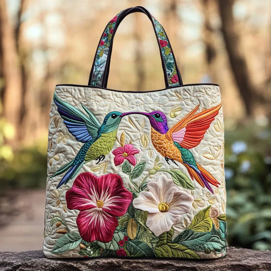 Two Hummingbirds in Flight Quilted Tote Bag