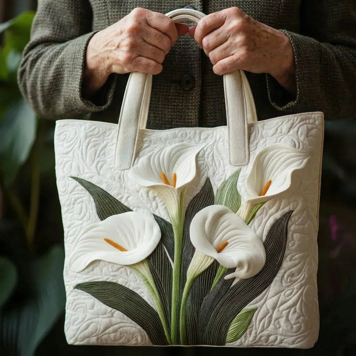 White Calla Lilies Quilted Tote Bag
