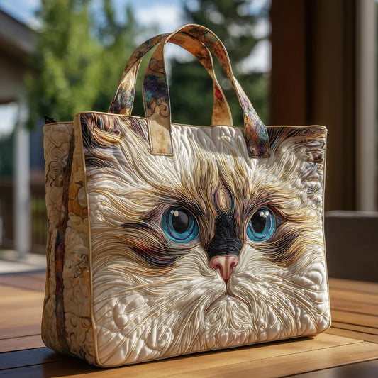 White Cat with Blue Eyes Quilted Tote Bag