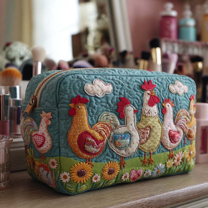 Embroidered Chickens in Garden Quilted Toiletry Bag – Rosalind
