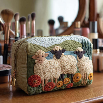 Embroidered Sheep in Meadow Quilted Toiletry Bag
